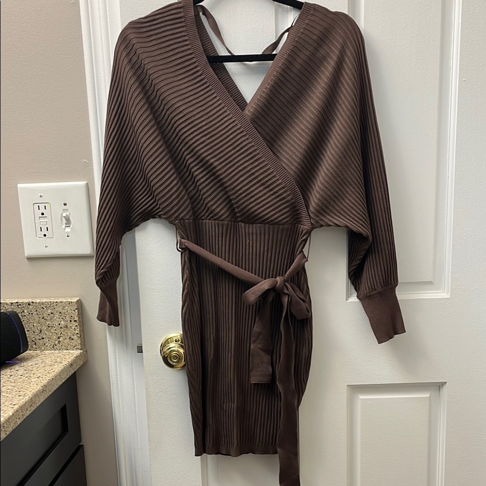 Brown Ribbed Wrap Sweater Dress